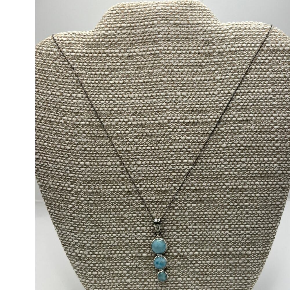 Sterling Silver Larimar Three Stone Pendant Necklace 20" #76895